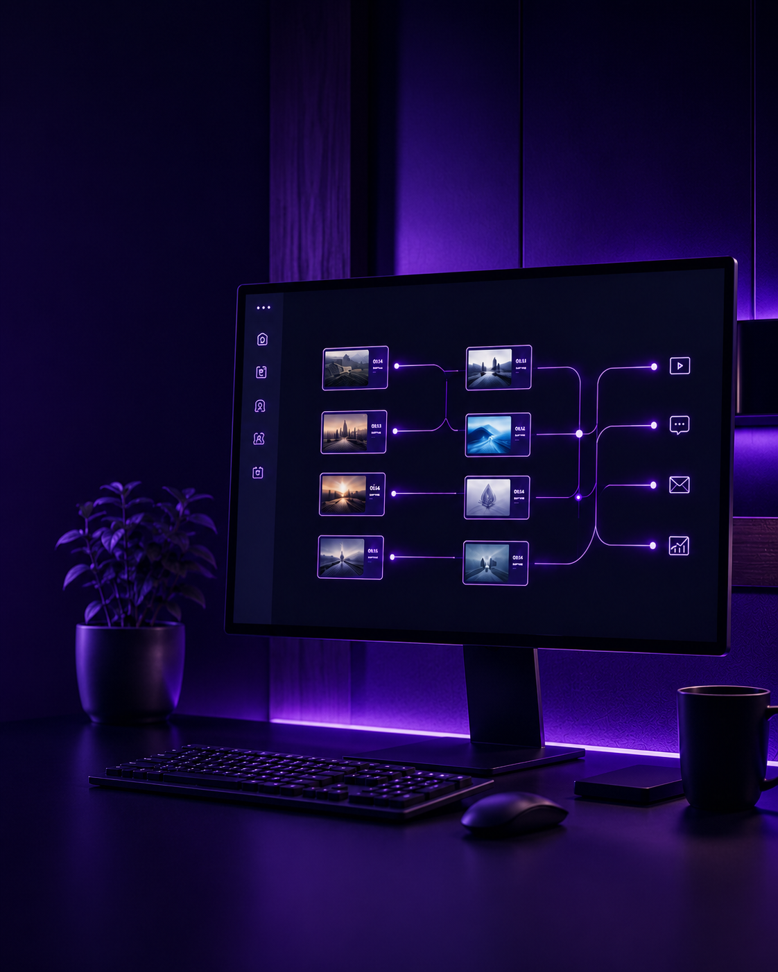 Monitor exibindo fluxo de automação de marketing com IA